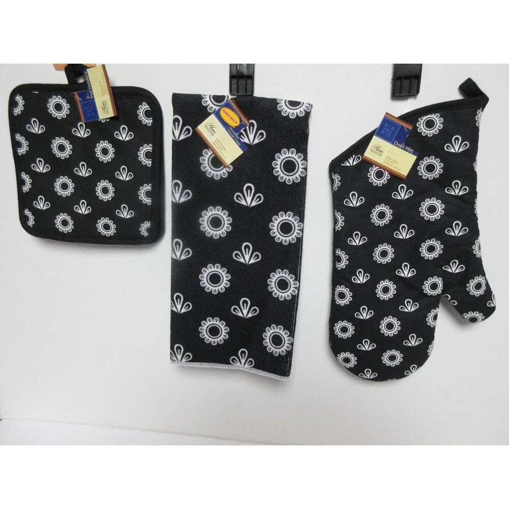 Black&White Kitchen Towel Set 1 Soft Dish Hand Drying Towel Oven Mitt &2 Pothold